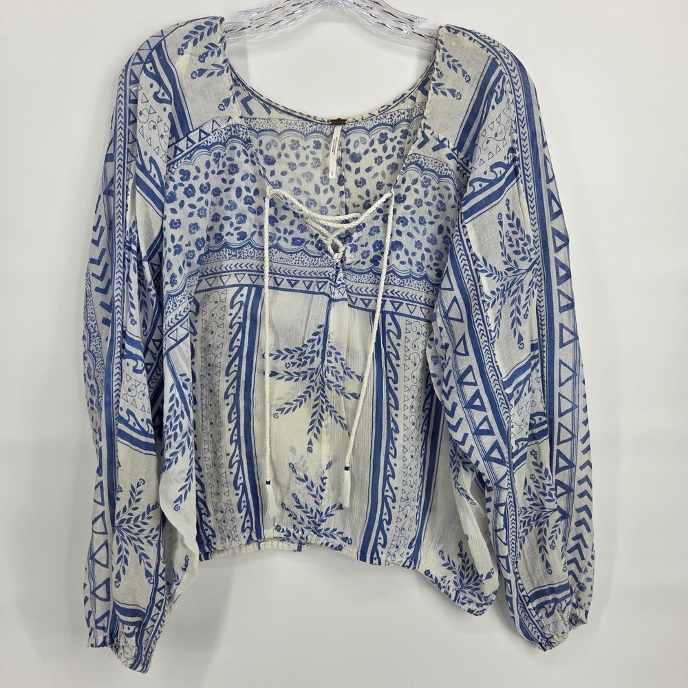 Free People Peasant Blouse L Blue White Lace Up Boho Festival Art-inspired Top